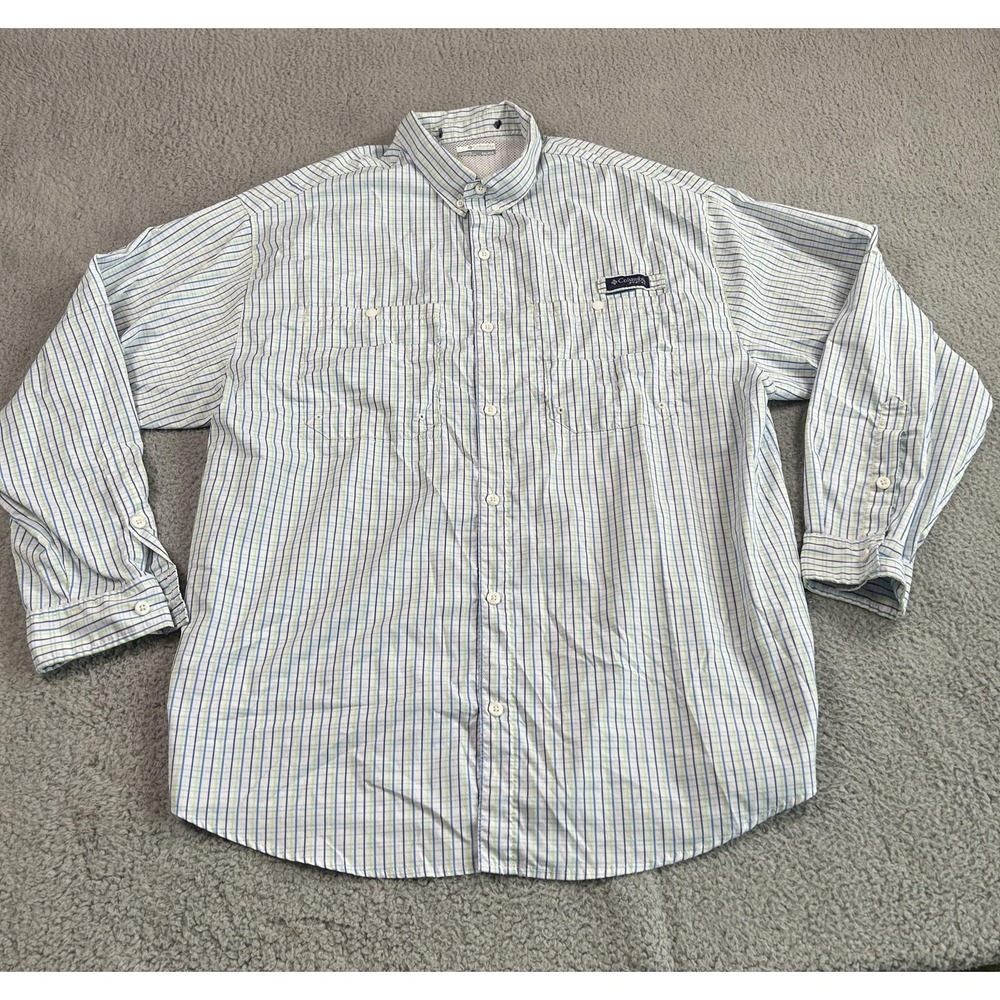 Columbia PFG Shirt Mens 2XL Blue Green Plaid Vented Back Fishing Long Sleeve